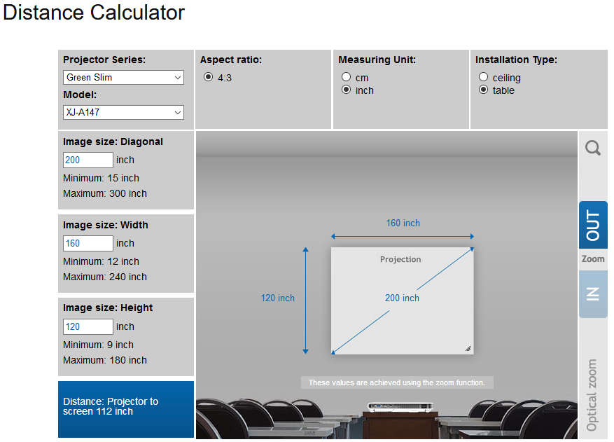 CASIO Distance Calculator за мултимедийни проектори с марката Casio и изчисляване на отстоянието им от екрана