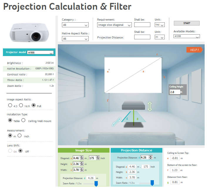 Acer Projection Calculator за мултимедийни проектори с марката Acer и изчисляване на отстоянието им от екрана