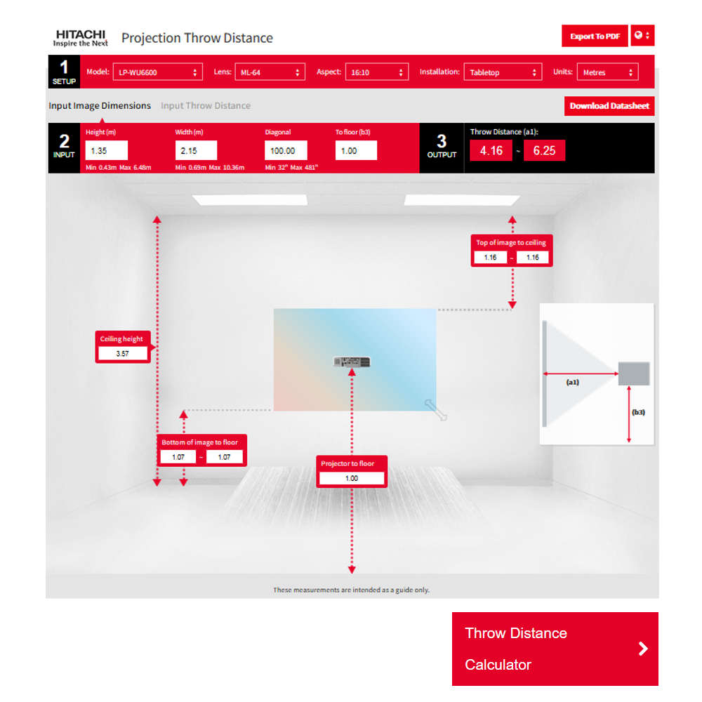 Hitachi - Throw Distance Calculator за избор на проектор и изчисляване на отстоянието от екран