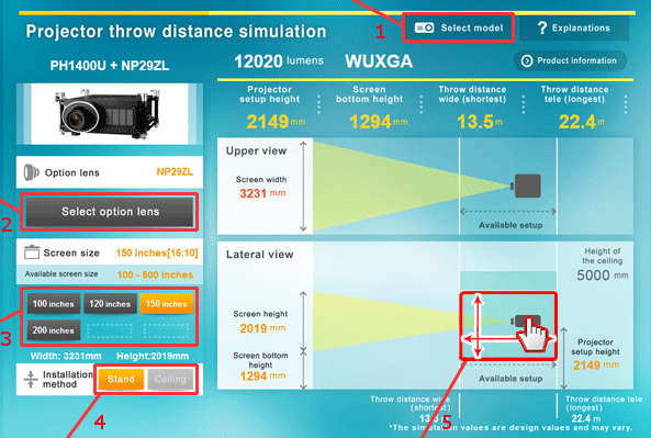 NEC прожекционен симулатор за мултимедийни проектори NEC-Projector throw distance simulation, изчисляващ височина на монтаж и отстояние до екран