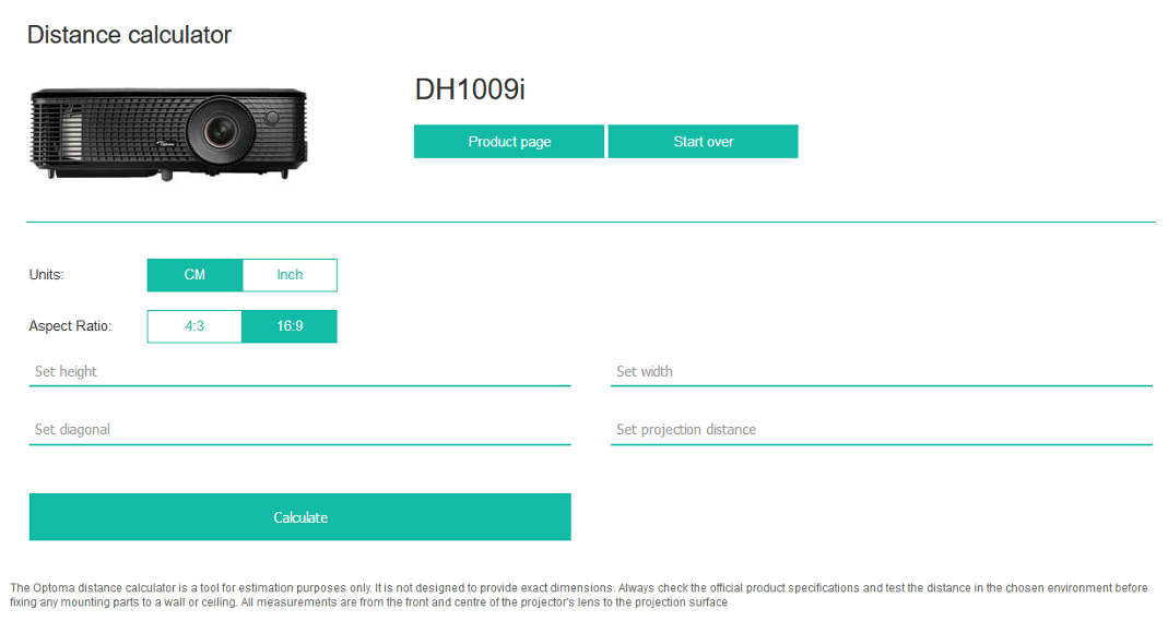 Optoma Distance calculator за мултимедийни проектори с марката Optoma и изчисляване на отстоянието им от екрана